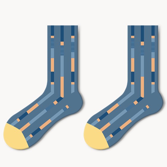 Unisex soft cotton crew socks in blue stripe pattern and yellow toes