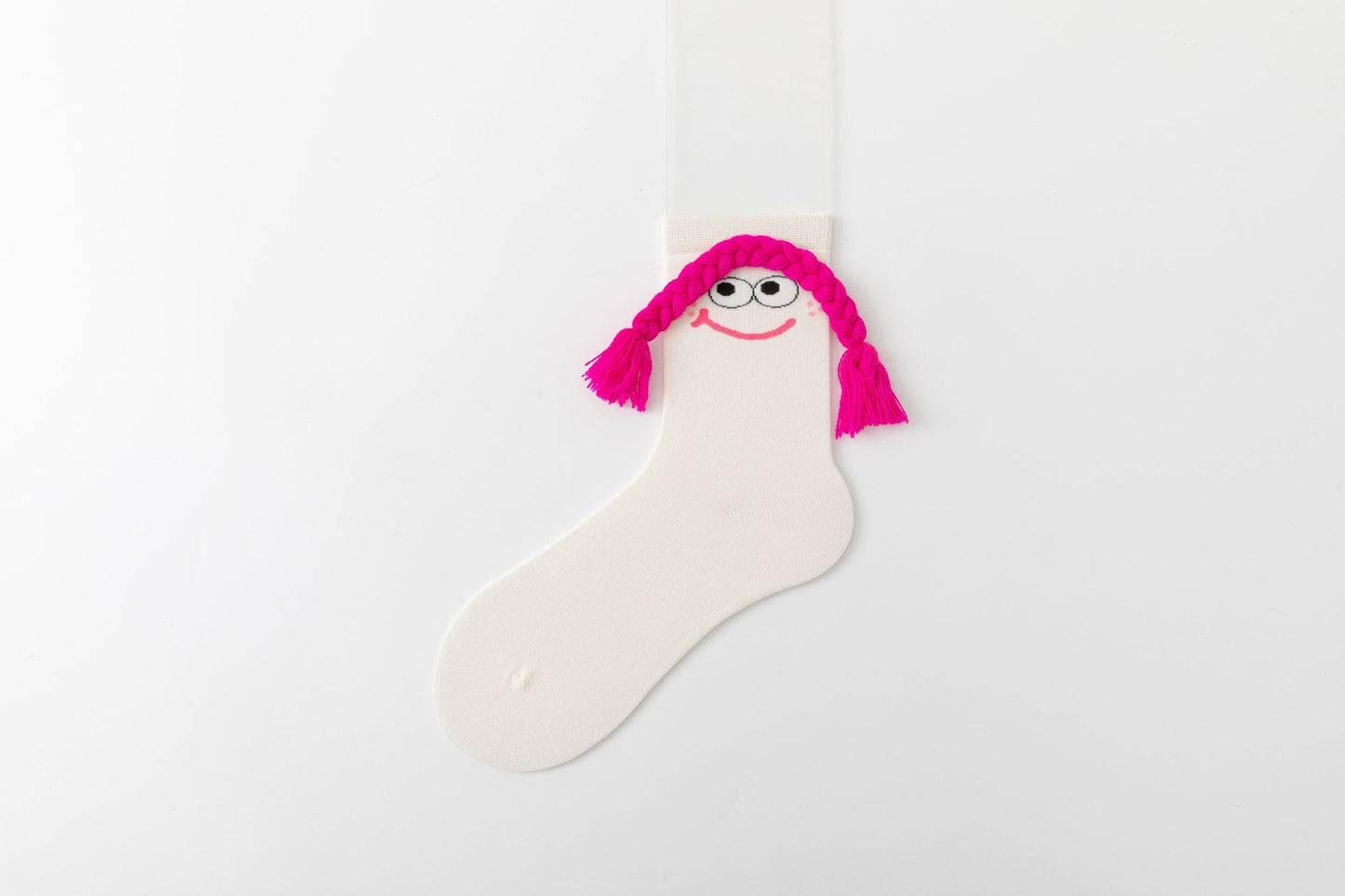 White soft cotton socks with playful cartoon face and 3D pink pigtails