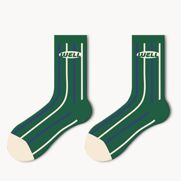 Unisex Cotton Green crew socks with vertical blue and white stripes and 'WELL' text design.