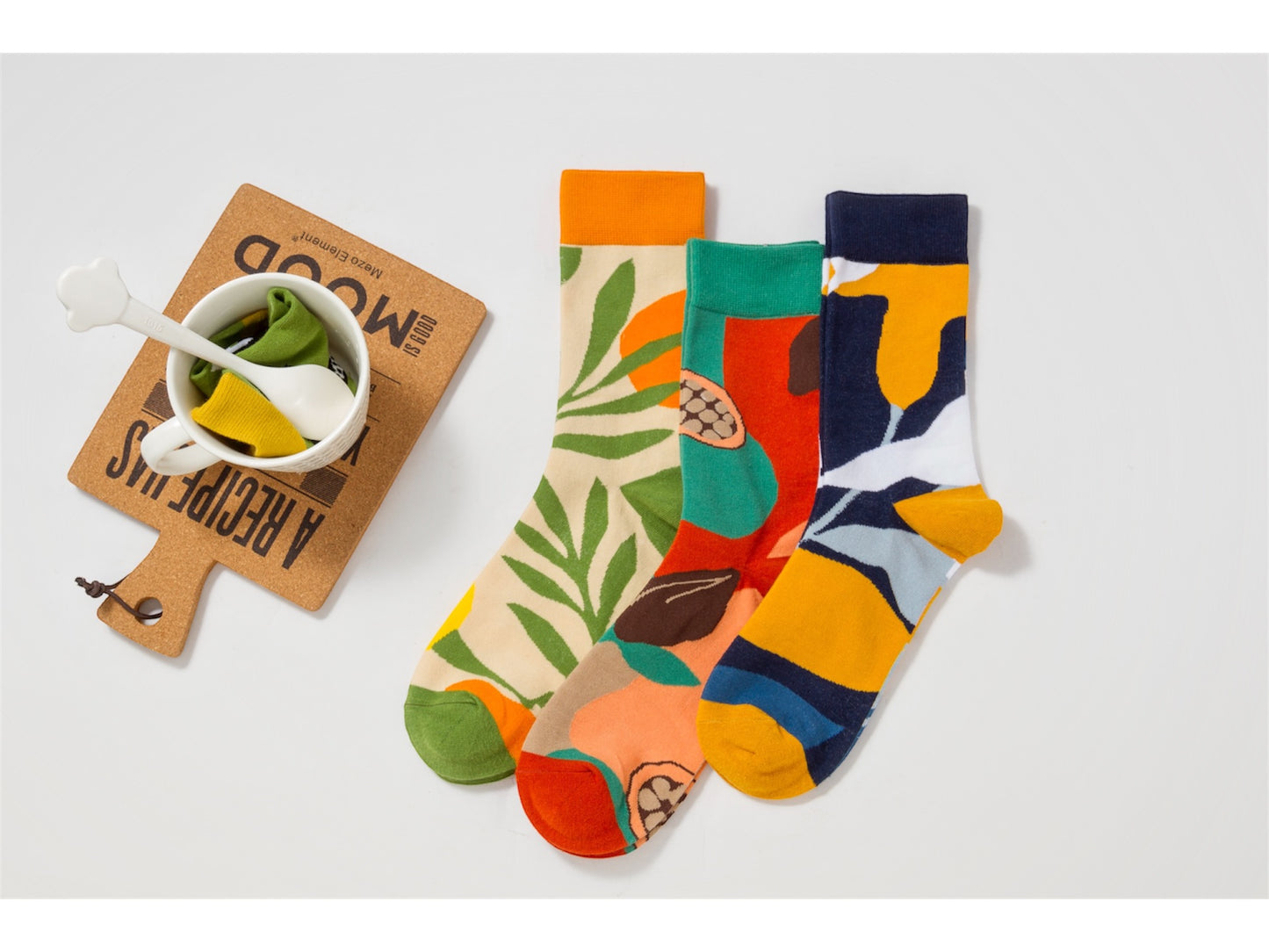ChicToes nature theme crew socks, with citrus, cocoa, and leaves pattern