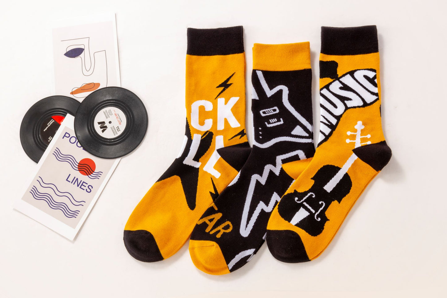 ChicToes socks with music elements, yellow and black color, great for party and any outfit
