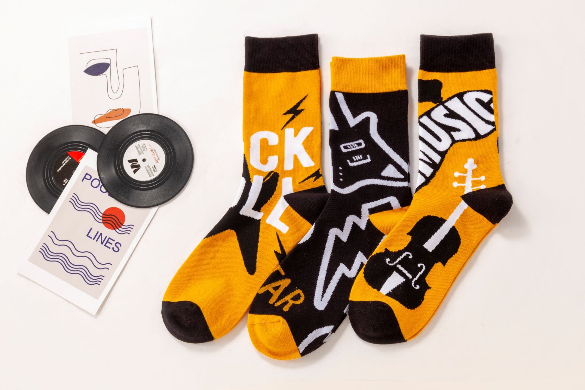 ChicToes socks with music elements, yellow and black color, great for party and any outfit