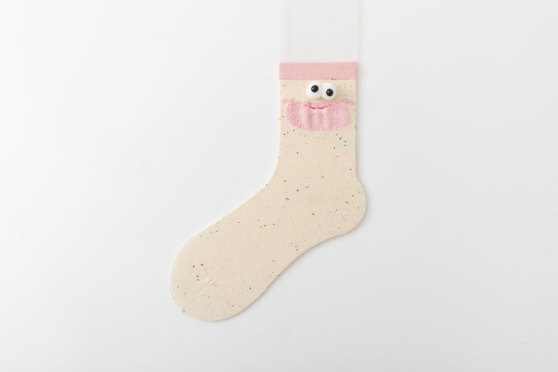 Beige soft cotton crew socks, with playful cartoon face and pink beard details