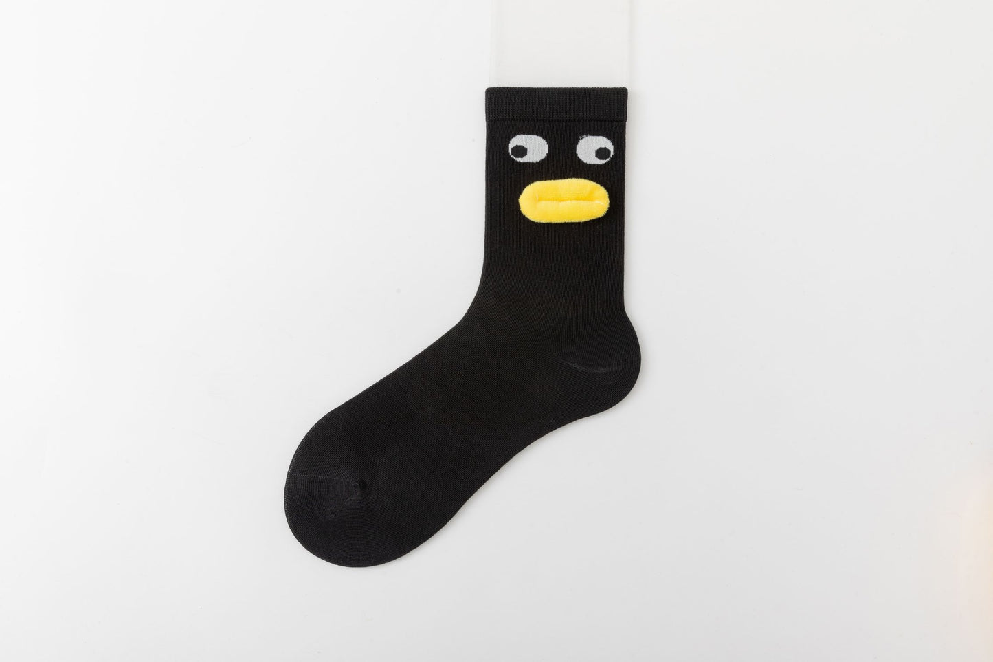 Black soft cotton crew socks with 3D yellow duckbilled details