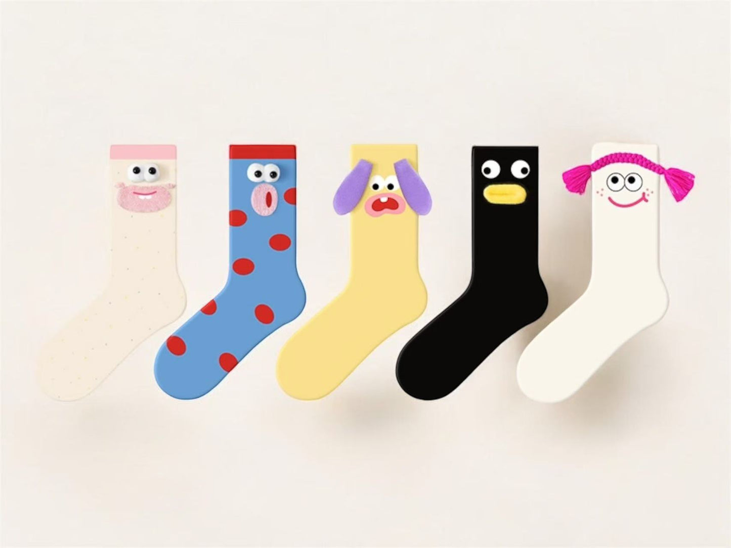 Colorful soft cotton socks with playful cartoon faces and 3D details like braids and ears