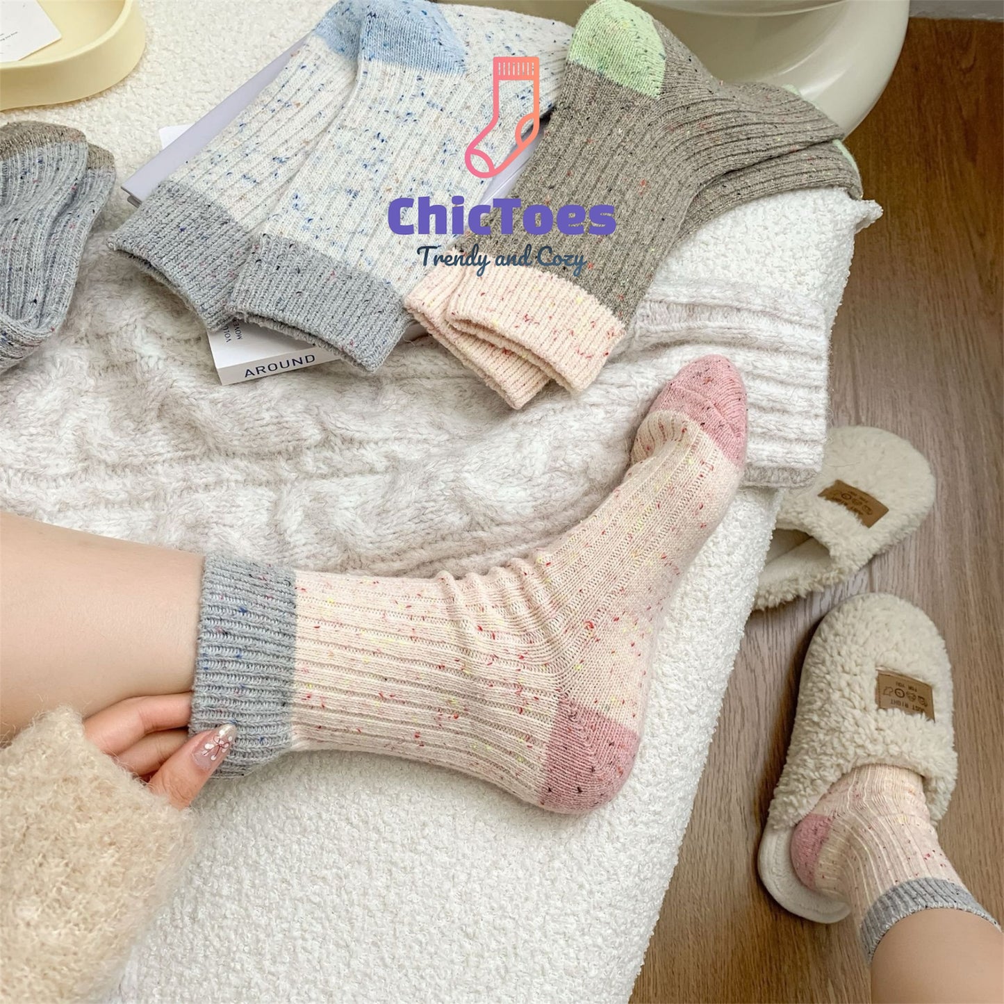 Model wearing ChicToes's wool crew socks, with light pink and grey color