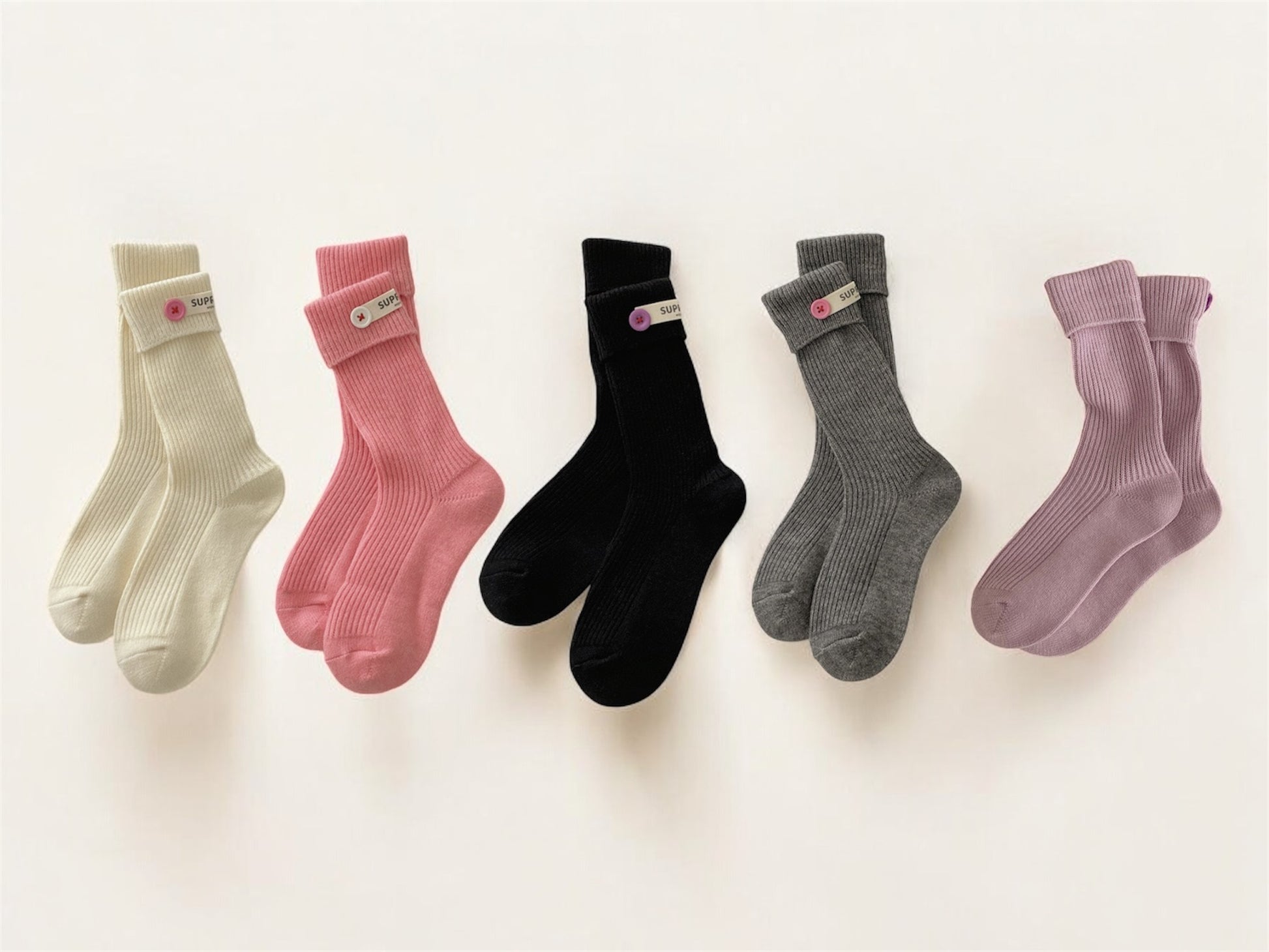 ChicToes crew socks in morandi colors and button decorations on