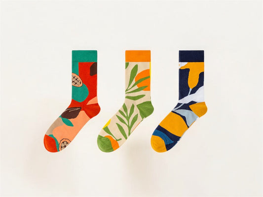 ChicToes cotton crew socks, with nature elements patterns like citrus, leaves, and cocoa patterns