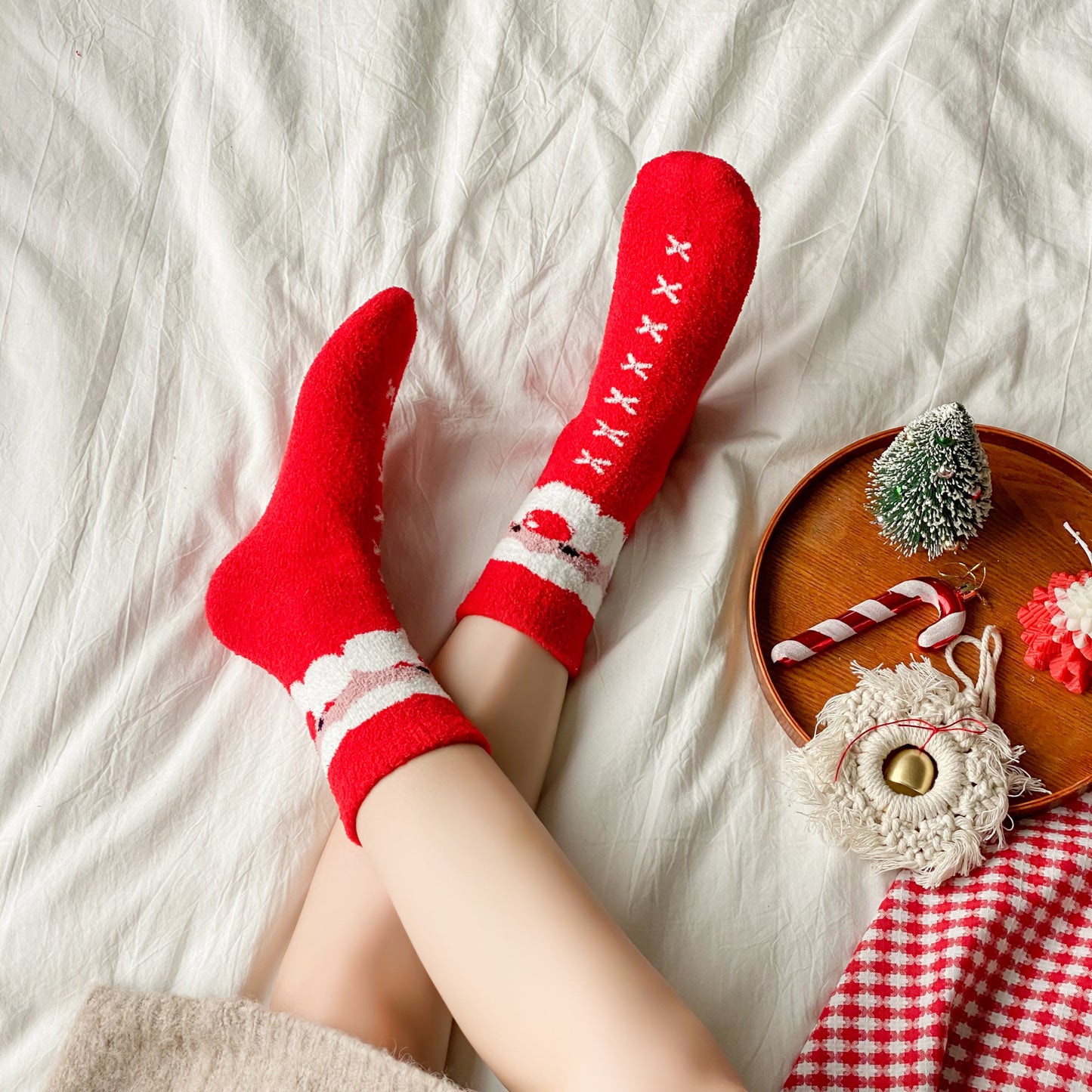 ChicToes fuzzy and cozy sleep socks in red and santa pattern